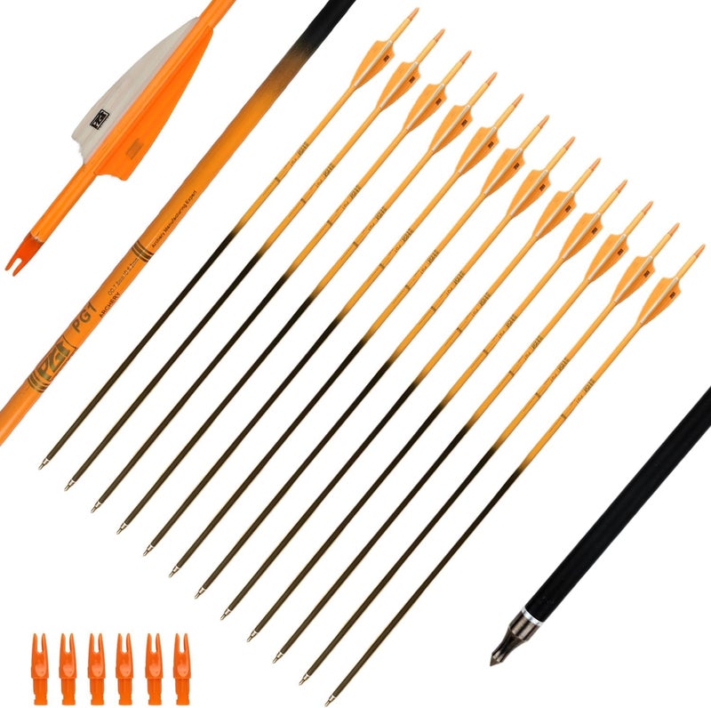 PG1ARCHERY 30Inch Carbon Arrows for Hunting Archery Removable Tips Spine 400 with 3“ Vanes Suit for Compound & Recurve Bow (Pack of 12) - Image 1